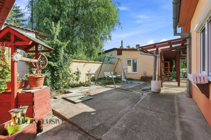 The courtyard of a family house in Veľký Meder with a swing, a well, and lush greenery.