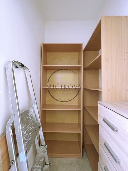 Storage space in a 4-room apartment with shelves and a ladder.