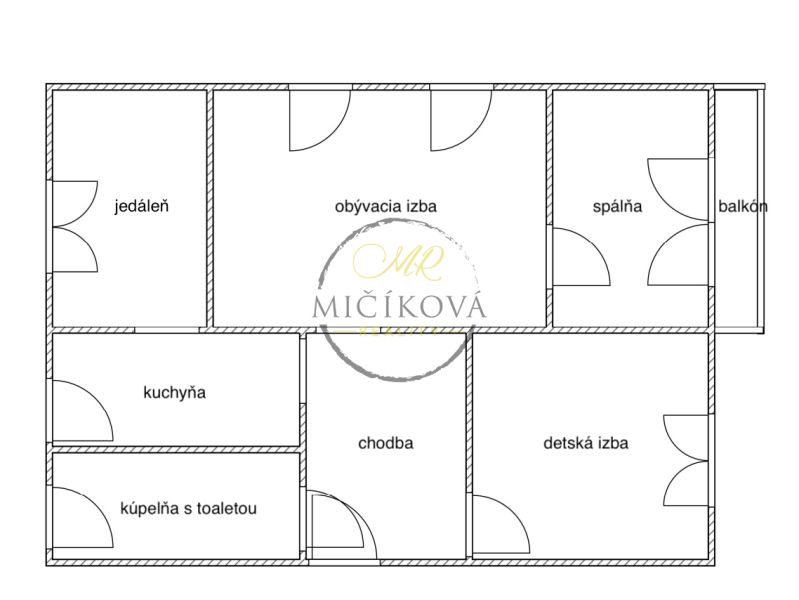 Floor plan of a 4-room apartment with a dining room, balcony, kitchen, and children's room.