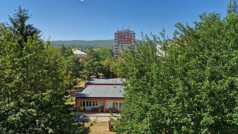 Trees and buildings on Dukelská Street in Nové Mesto nad Váhom, mountains in the background.