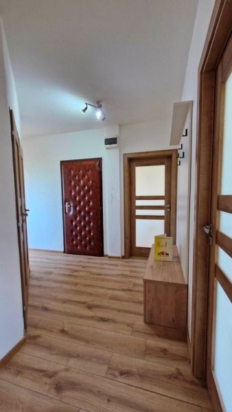 A hallway in a 3-room apartment with a wooden decor floor and built-in doors.