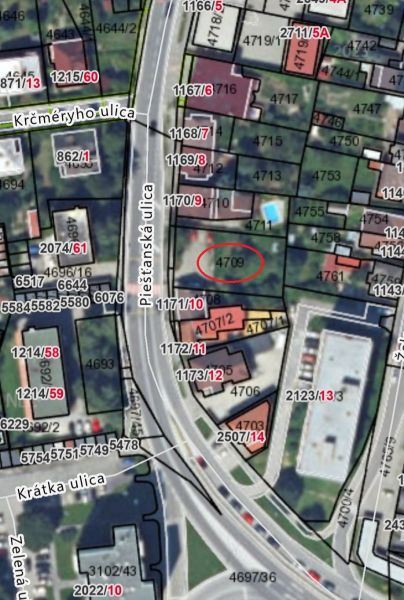 Cadastral map of plots - commercial on Piešťanská Street in Nové Mesto nad Váhom.