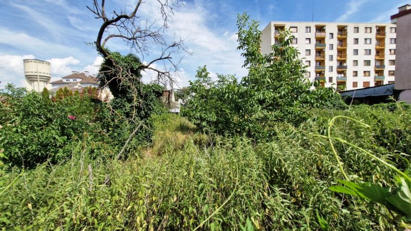 Overgrown commercial plots on Piešťanská in Nové Mesto nad Váhom, with an apartment building in the background.