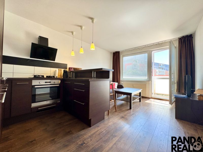 A kitchen connected to the living room in a studio apartment with a wooden decor floor.