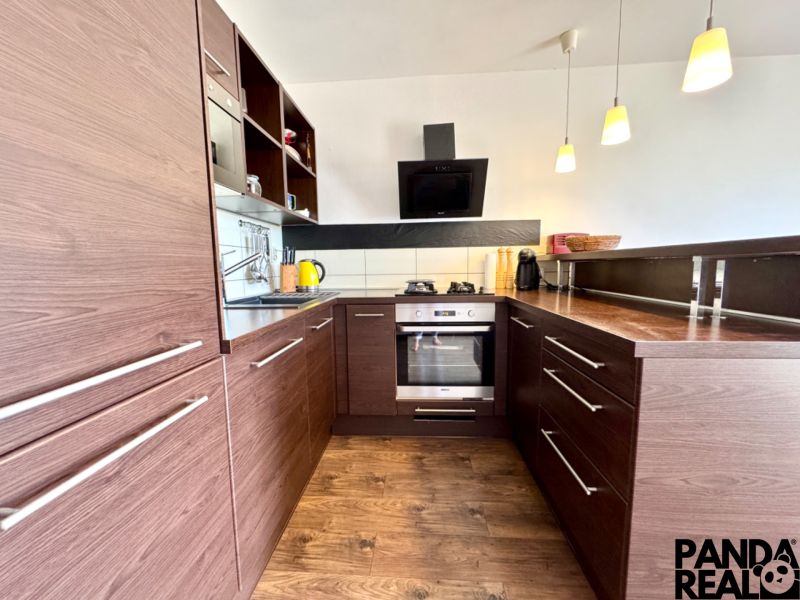Kitchen in a studio apartment with wood-patterned flooring, dark cabinets, induction cooktop.