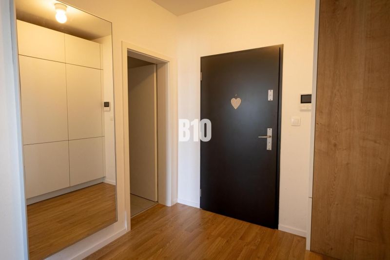 Entrance hall in a 3-room apartment with wood-patterned flooring, white cabinets, large mirror.