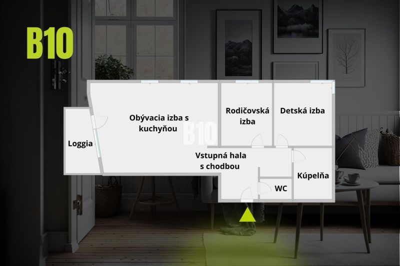 Floor plan of a 3-room apartment with a loggia, living room with kitchen, and entrance hall.