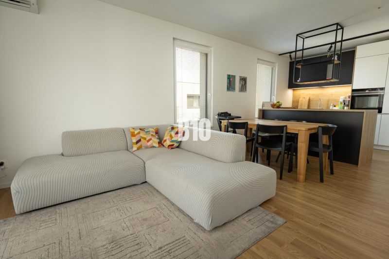 Living room with kitchen, light sofa, dining table, wooden decor flooring.