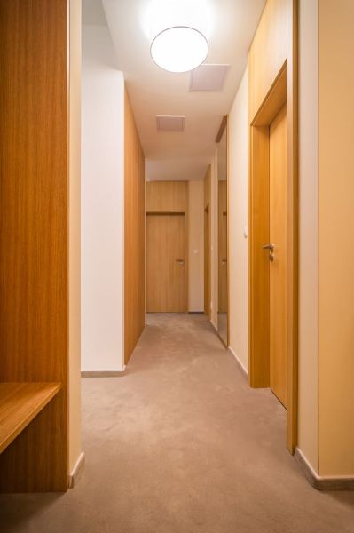The hallway of a recreational apartment with wooden doors and a neutral carpet.