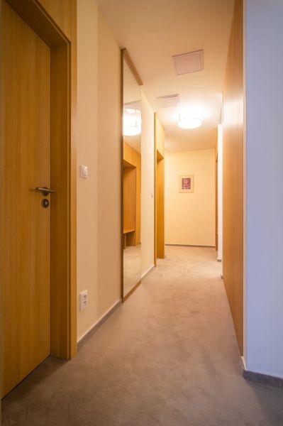 Hallway in a Holiday Apartment with lighting, a mirror, and wooden doors.