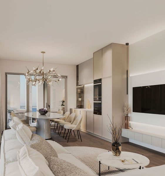 Living room with wood-patterned flooring in a 4-room apartment, elegant lighting and furniture.