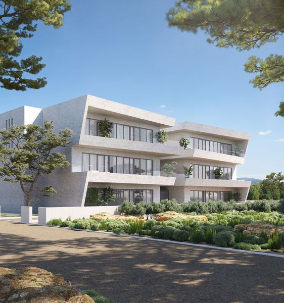 Exterior of a 4-room apartment in Ugljan with modern architecture and natural greenery.