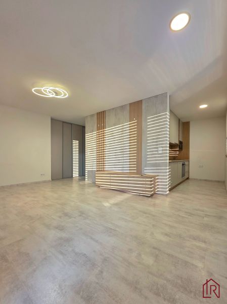Living room with wood-patterned flooring and modern lighting in a two-room apartment.