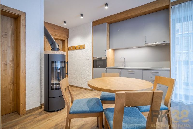 Recreational apartment with a fireplace, kitchen, and wooden decor flooring.