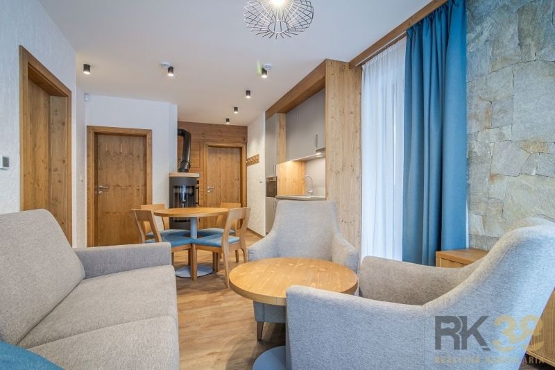 Living room of the holiday apartment with furniture, wood-patterned flooring, and a fireplace.
