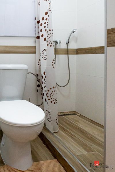 A studio apartment bathroom with a toilet, shower, and wooden decor flooring.