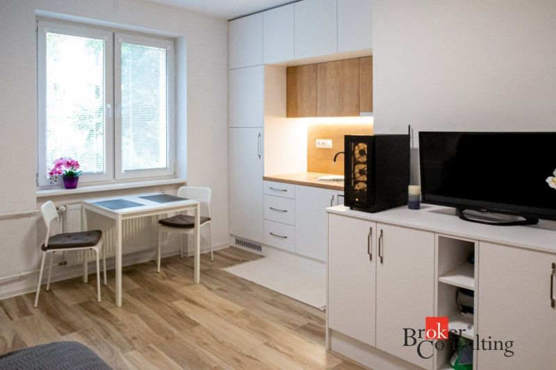 Studio apartment with a kitchenette, dining table, and wooden decor flooring.