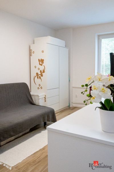 A studio apartment with a sofa bed, a white wardrobe, and flowers on a wooden floor decor.