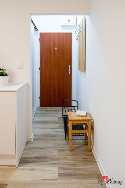 Studio apartment with wood-patterned flooring, a coat rack, and a wooden chair at the entrance.
