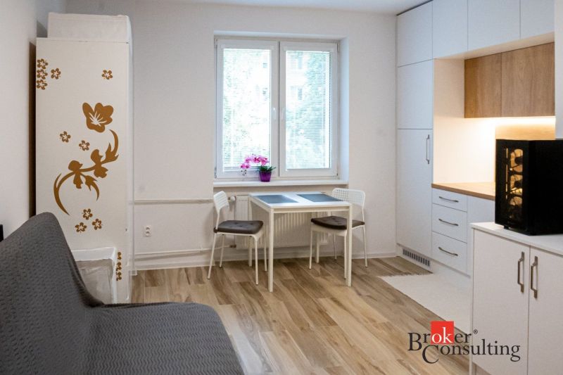 Compact studio apartment with wood-patterned flooring, a dining table, and a kitchenette.