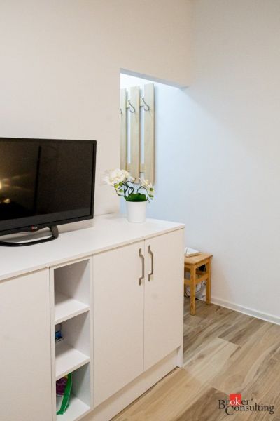A cabinet with a television, a floor with a wooden decor, and a wall-mounted hanger in a studio apartment.