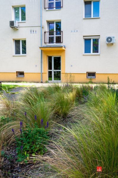Apartment building with a grassy yard and flowers on Herlianska Street in Bratislava-Ružinov.