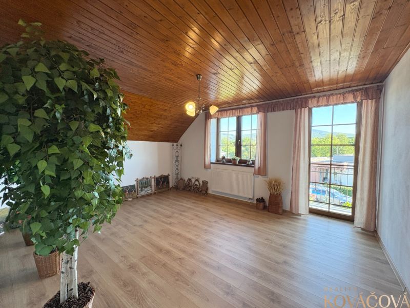 Interior of a family house with a wooden decor floor, a large plant, and decorations.