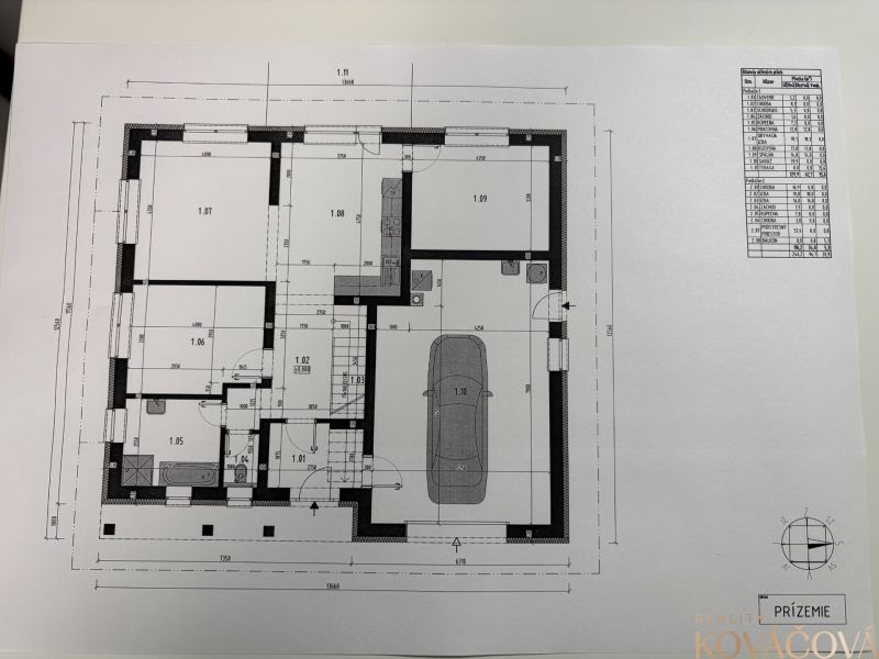 Floor plan of a family house in Trenčianska Turná showing rooms and a garage.