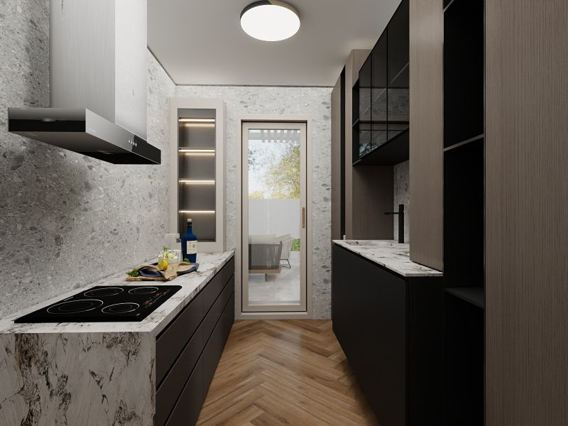 A kitchen in a family house with appliances, a marble countertop, and a floor with a wood decor.