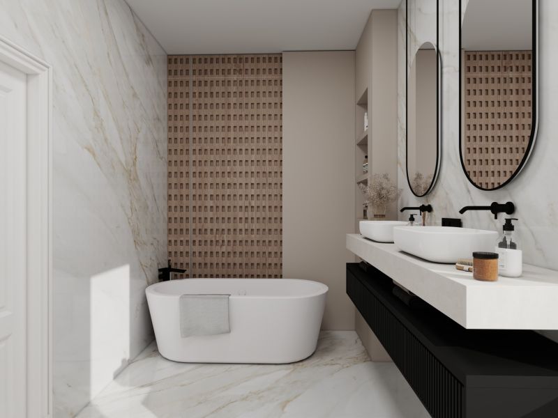 A bathroom with a bathtub, two sinks, and mirrors in a family house.