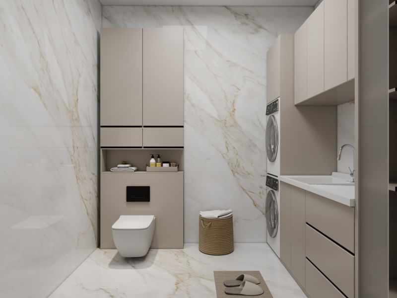 A bathroom in a family house with a washing machine, a cabinet, and marble tiles.