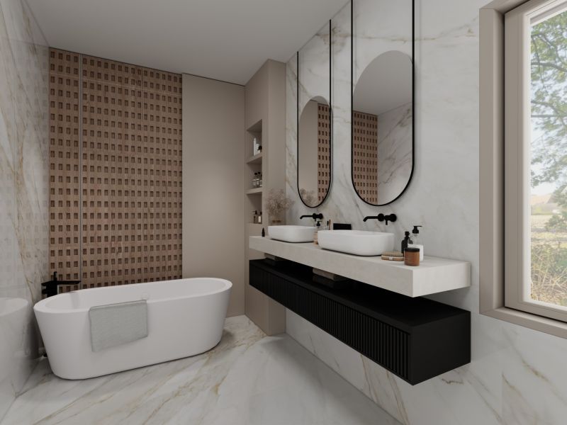 A bathroom in a family house with a bathtub, large mirrors, and sink faucets.