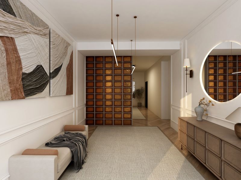 Interior of a family house with wooden decor, light furniture, and decorative accessories.