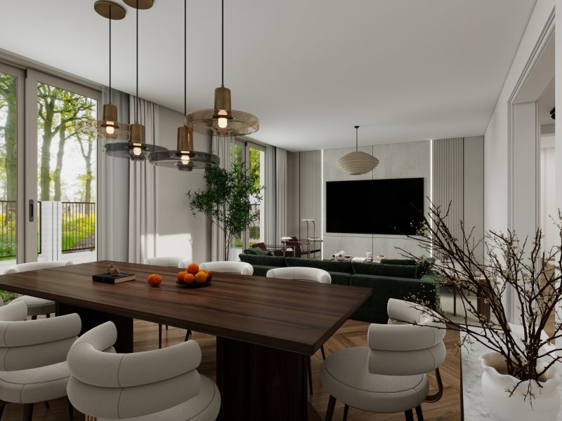 A dining table and comfortable chairs in a family house with a wooden decor floor.