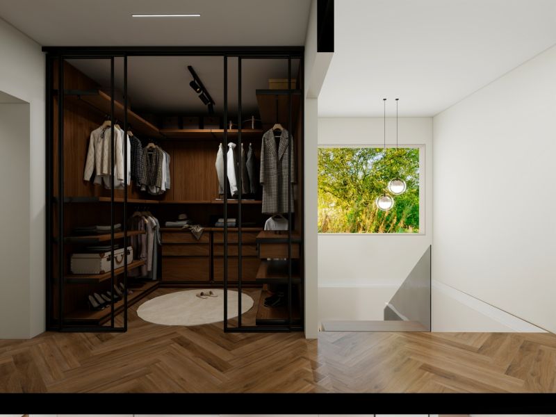 Interior of a family house with a glass wardrobe, window, and floor with wooden decor.