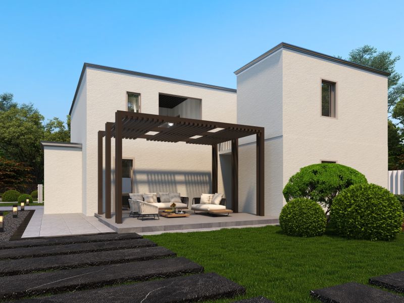 A family house in Holice with a garden and a pergola on the terrace.