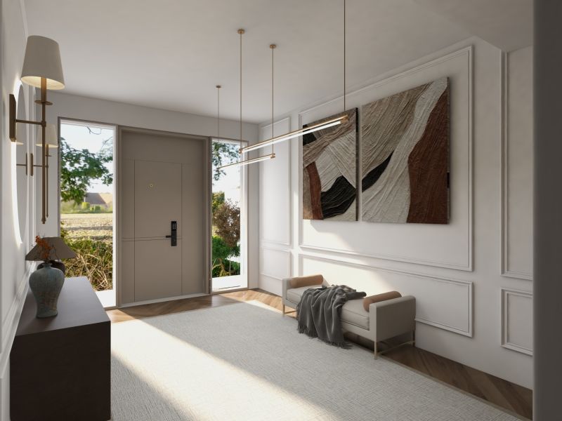 Interior of a family house with a hallway, art on the wall, and a wooden decor floor.