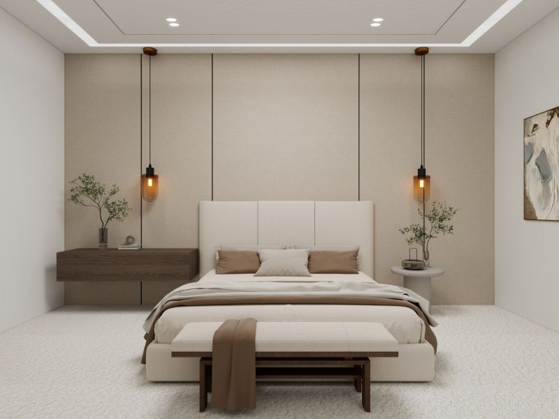 Bedroom with a double bed, hanging lamps, and wooden decor in a family house.