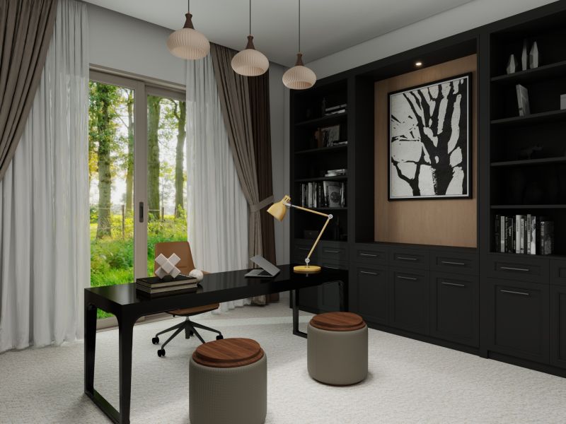 Interior of a family house with a study, a desk, and a large window with a view.