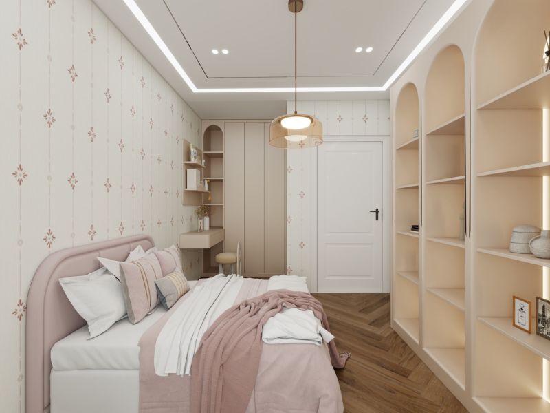 A bedroom in a family house with a bed, shelves, and a floor with a wooden decor.