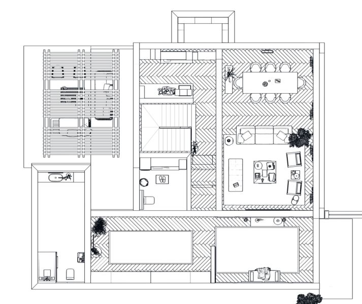 Floor plan of a family house with a wooden decor floor and various living spaces.