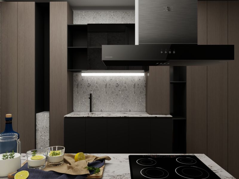 A kitchen in a family house with a marble countertop and dark wood decor.