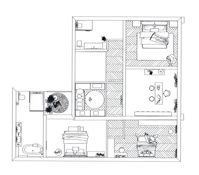 The floor plan of the family house shows three bedrooms, a bathroom, and a kitchen. The floor has a wood decor.