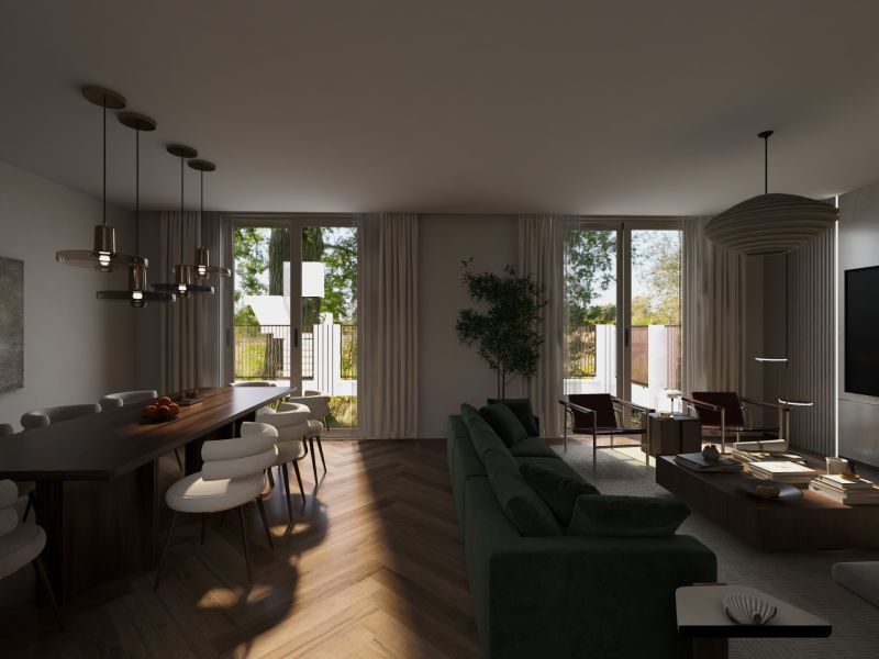 Living room in a family house with a wood-decorated floor and large windows.
