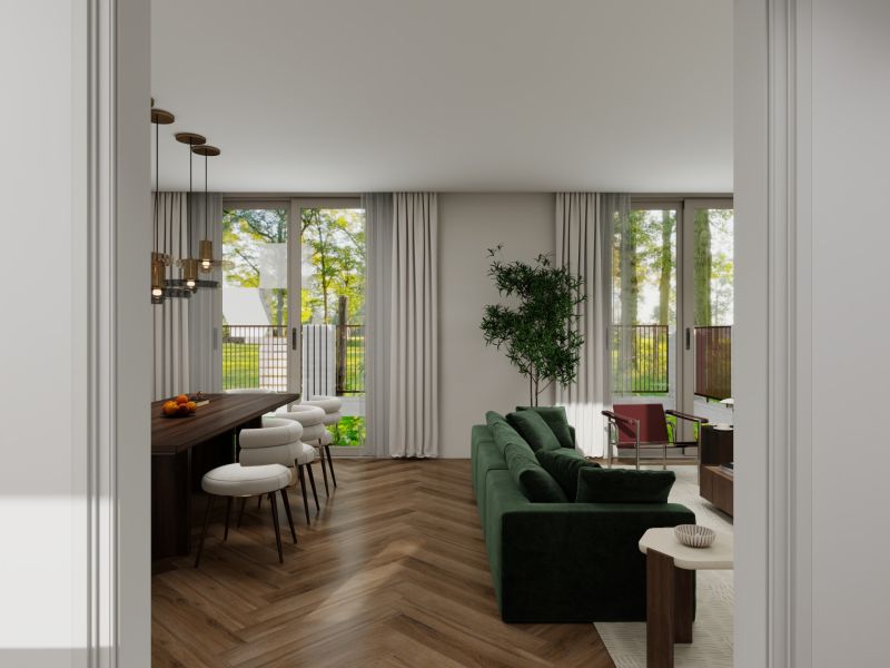 Living room in a family house with a wood-patterned floor and a green couch.