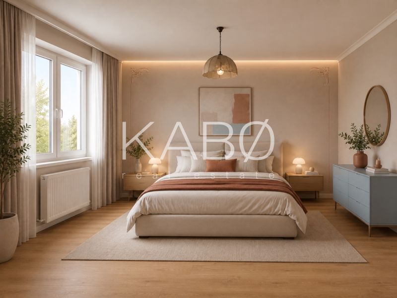 A bedroom in a family house with a wood-patterned floor, light curtains, and plants.
