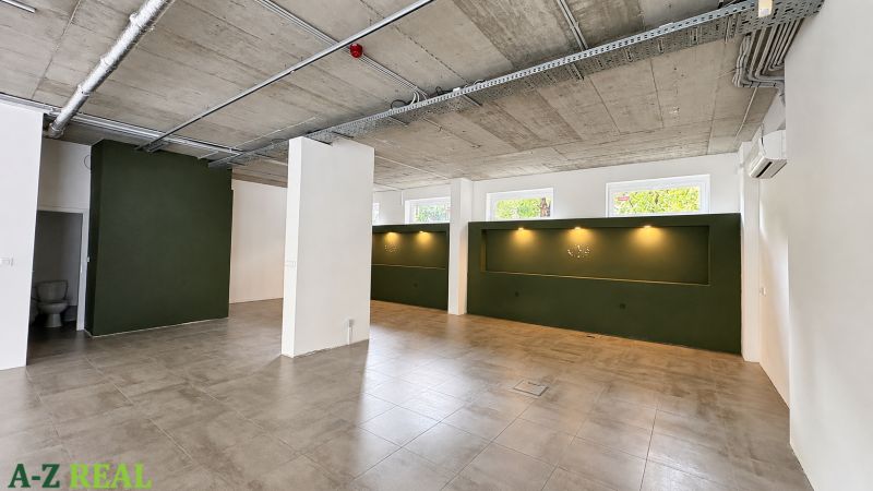 Commercial spaces with light brown flooring and dark green walls.