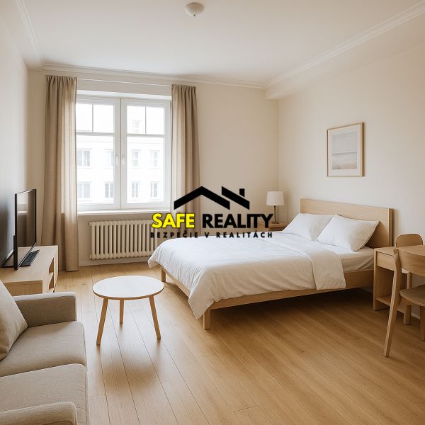 Bright bedroom with TV and wood-patterned flooring in a 3-room apartment.