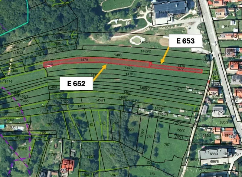 Geodetic map showing plots and road network in the Vyšné Ružbachy area.