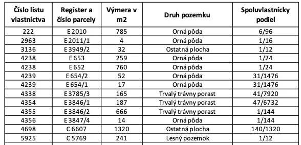 Table with a list of land ownerships including area, parcels, and shares.